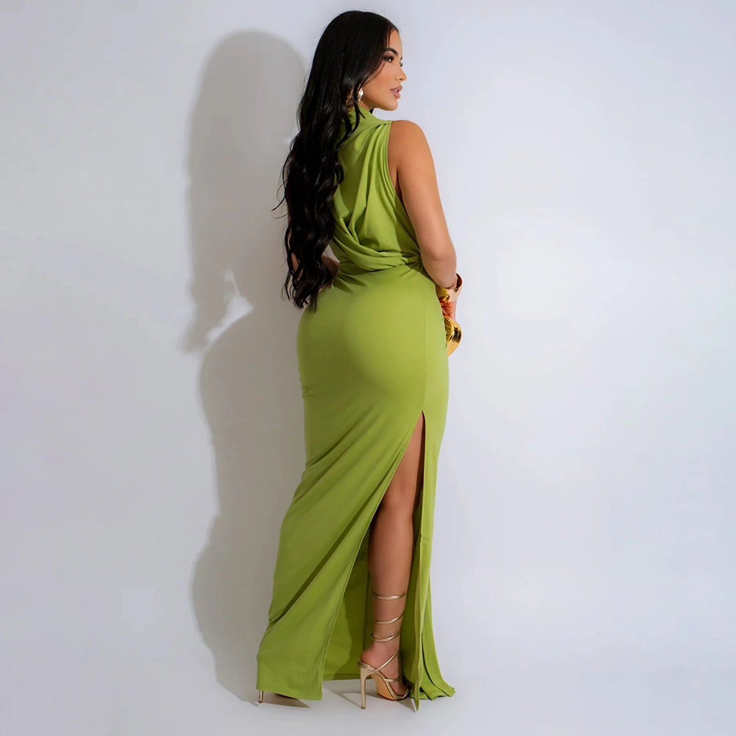 New Women O-neck High Split Ruched Stacked Bodycon Midi Maxi Dress Evening Party Club Vestidos Sexy Chic Long Dresses