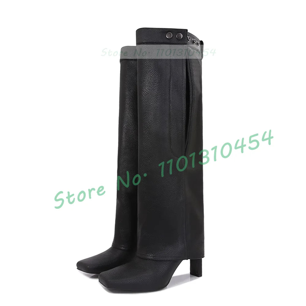 Black Square Toe Foldover Leather Boots Women Elegant Block High Heels Pink Winter Dress Shoes Female Casual Metal Buttons Boots