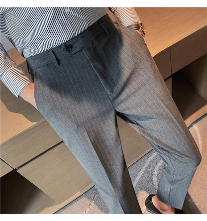 Men Boutique Black Striped Suits Pants Male Formal Wear Wedding Dress Trousers Quality British Style Business Casual Suit Pants