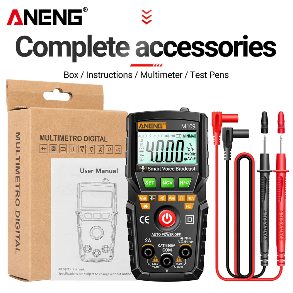 ANENG M109 Digital Multimeter Smart AC Voltage Meter 4000 Count Voice BroadcastTest/NCV/Capacitance/Resistance/Ohm Tester Tools