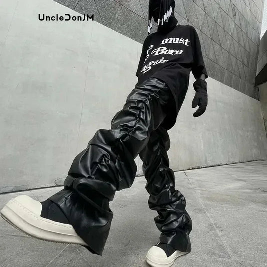 Pleated Leather Pants Men Motorcycle Leather Pants for Men Street Wear Faux Leather Pants Men HIP HOP