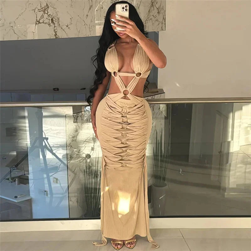 Sexy Hollow Out Backless Bandage Maxi Dress Chic Y2K Backless Sleeveless Stretch Robe Luxury Beach Party Bodycon Evening Dress