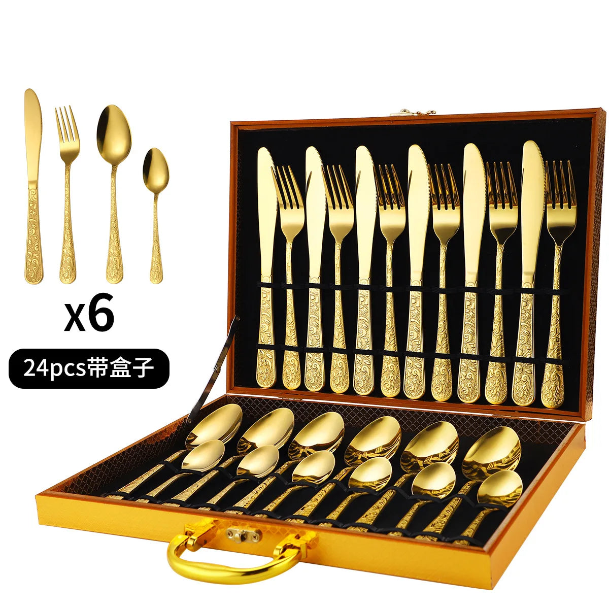 Russian stainless steel tableware set, Crown knife, fork, spoon, gift box packaging for kitchen 24-piece set, Boutique tableware