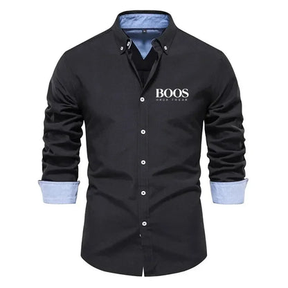 Embroidered New Spring and Autumn Pure Cotton Shirt Men's Solid Color High-quality Long Sleeved Shirt Men's Lapel Casual Top