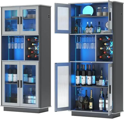 LED Wine Bar Cabinets with Removable Wine Rack, Bar Cabinets for Liquor with Light Motion Sensor, Kitchen Cabinet Storage