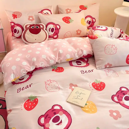 Toy Story Lotso Buzz Lightyear Alien Mickey Stitch Pooh Bear Fun Cartoon Printed Cotton Sheets and Quilt Covers Three Piece Set