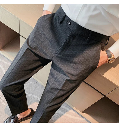 Men Boutique Black Striped Suits Pants Male Formal Wear Wedding Dress Trousers Quality British Style Business Casual Suit Pants