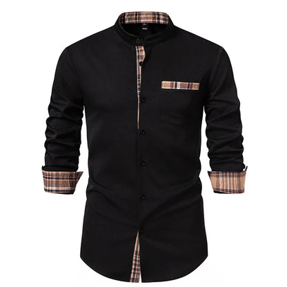 Autumn Fashion Men's Stand Collar Shirt American Style Color Block Long Sleeve Shirts Casual Business Office Dress Blouse Party