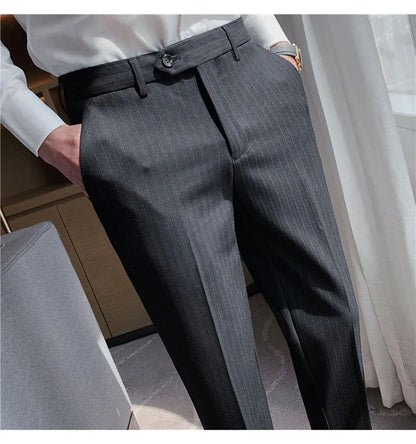 Men Boutique Black Striped Suits Pants Male Formal Wear Wedding Dress Trousers Quality British Style Business Casual Suit Pants