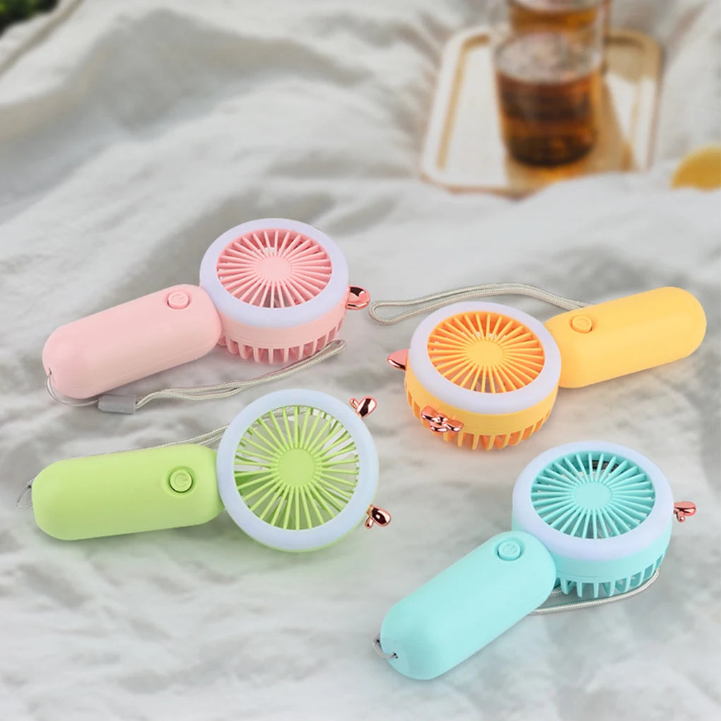 Cartoon Mini Portable Handheld Fans Silent Outdoor Summer Small Fan USB Charging Cooling Cute Portable Fan with LED Night Light