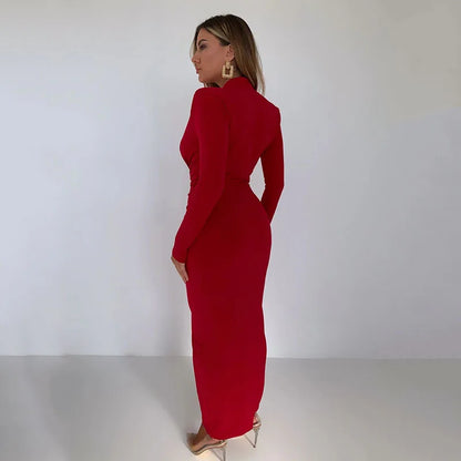 Women Sexy Split Ruched Dress Slim Long Sleeve Wrap Bodycon Dress Female Office Ladies Elegant Evening Dress Robe 2023 Autumn