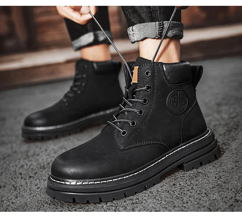 Boots Men High Top Boots High Quality Women Leather Shoes Fashion Outdoor Sneakers Men Lace Up Non-Slip Ankle Boots for Couple