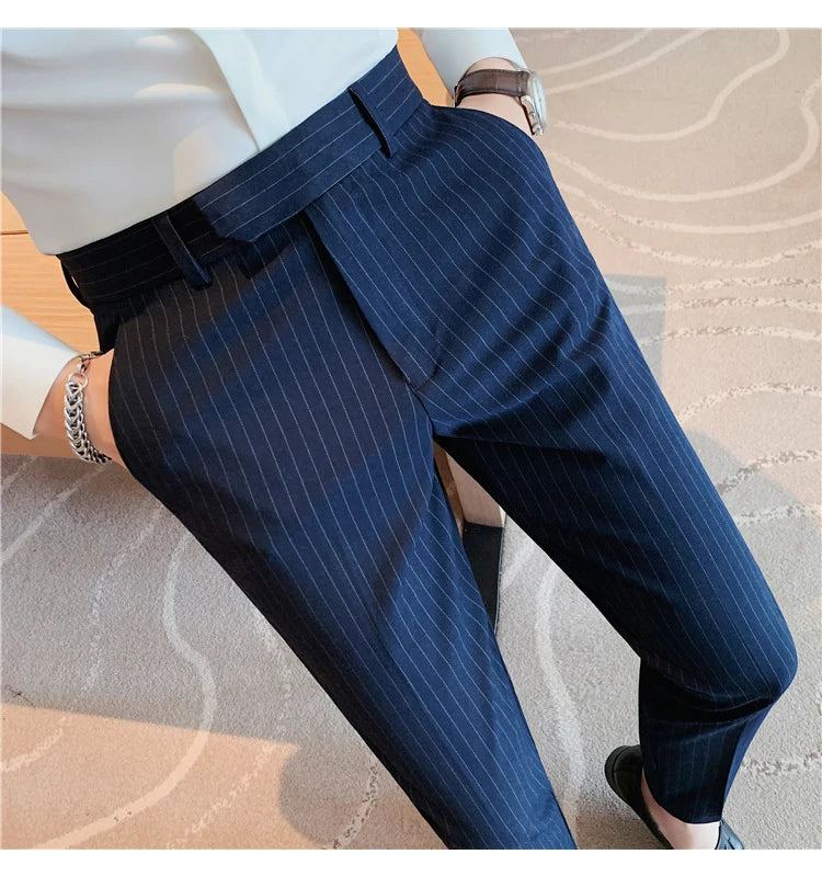 British Style Striped Slim Fit Suit Pant Men Business Casual Simple Dress Pants High Quality Social Wedding Party Trousers 38-28