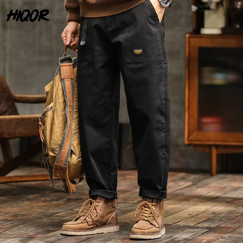 HIQOR Mens Clothing Spring Autumn Cargo Pants Man Cotton Casual Loose Trouser Belt Mid Waist Joggers Male Straight Baggy Pants