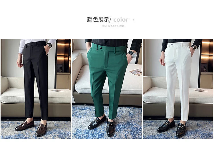 Green Elegant Elastic Mens Social Pants Skinny Cropped White Formal Stretch Pants Mens Trousers Office Slim Fit Party Club 2023