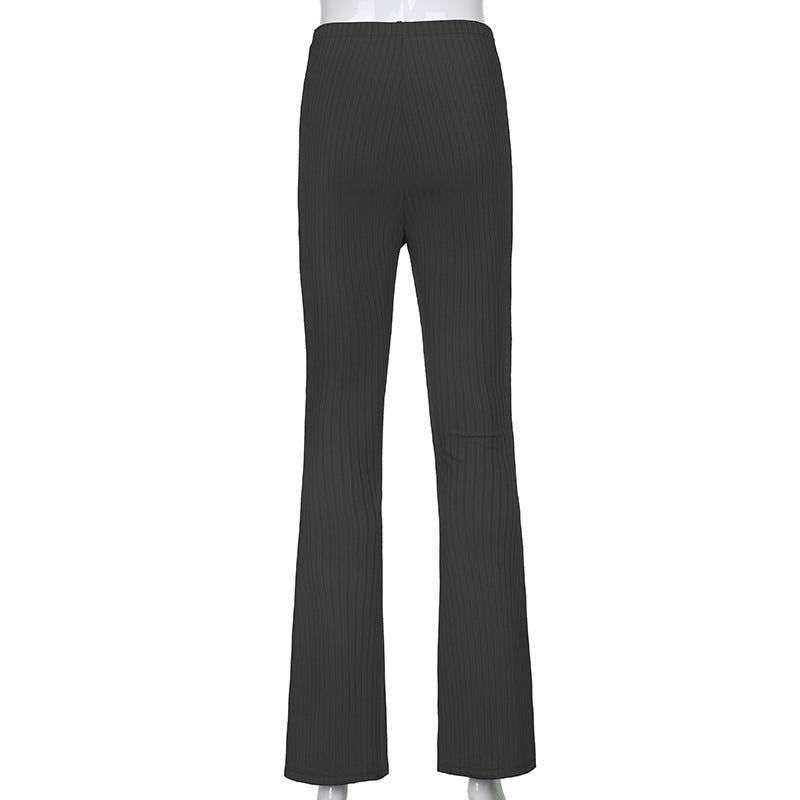 Combhasaki Women's Casual Y2K Basic Chic Elastic High Waist Trousers Sexy Slim Fit Solid Color Sporty Striped Flare Long Pants