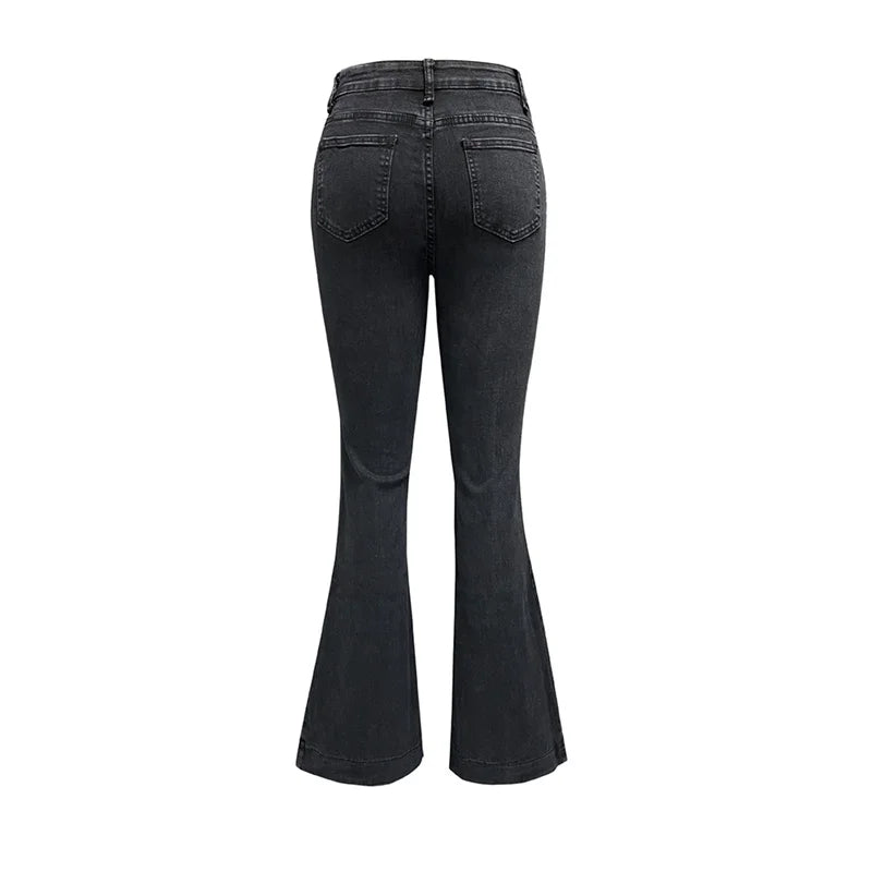 Women High Waist Single-breasted Splice Jeans Fashion High-Street Style Denim Pants Female Commuter Casual Micro Flared Trousers