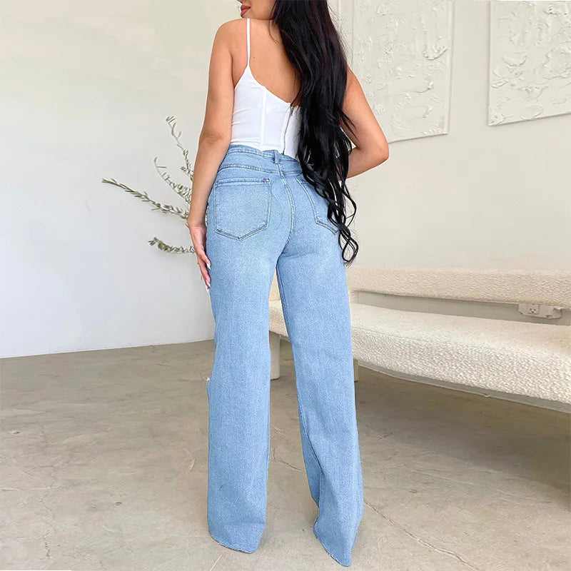 Women Jeans Wide Leg Pants Denim High Waist Zipper Fly Washing Holes Pockets High Street Ankle Length Flash Spring 2024