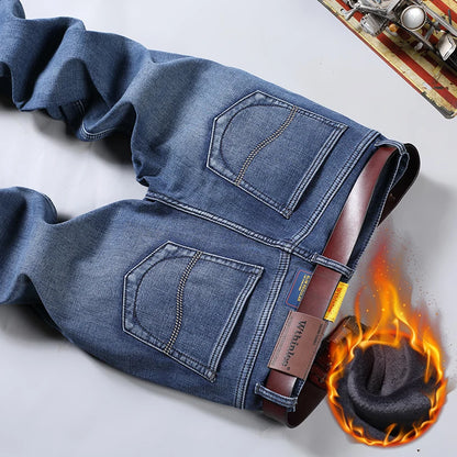 WTHINLEE Winter Thermal Warm  Fleece Thick Warm Men's Jeans Winter Stretch Straight Denim Plush Pants Classic Casual Trousers