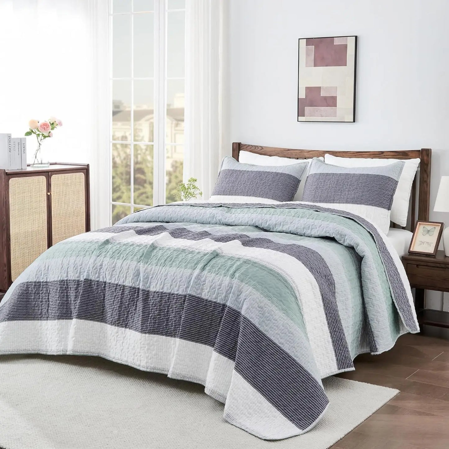 King Size Quilt Set Sage Green, 3 Pieces Mint Green Ultra Soft Lightweight Bedspreads & Coverlets Set, Patchwork Striped Quilted