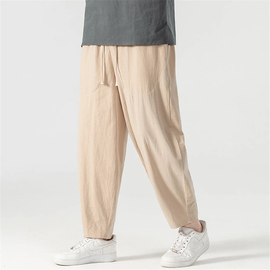 Linen Pants Men Baggy Pants Plus Size 9XL Summer Ankle-length Pants Male Solid Color Bottom Big Size 9XL