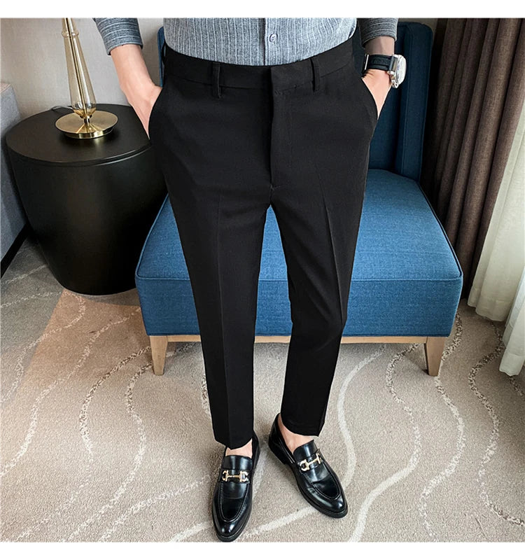 9 Color Summer Fashion Mens Suit Pants Pure Color Business Formal Pants Slim Fit Office Mens Wedding Social Ankle Long Trousers