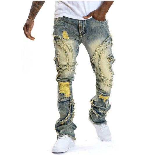 Men Ripped Stacked Jeans Distressed Slim Fit Skinny Straight Leg Jeans Fashion Hip Hop Denim Pants Casual Streetwear