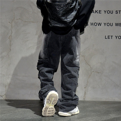 High Quality Black Vintage Casual Gradient Cargo Jeans Streetwear Straight Leg Jeans Hip Hop Denim Pants Kpop Trousers Male