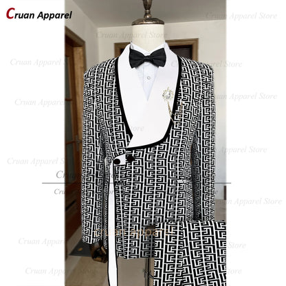 Luxury Men Suit Slim Fit Fashion Designs Plaid Pattern Printing Tuxedos for Men Custom Wedding Party Jacket Pants 2 Pieces Set