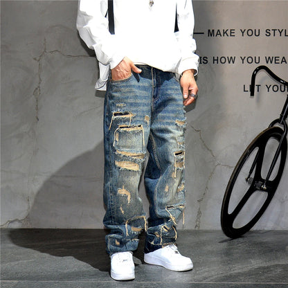 Mens Ripped Baggy Jeans Distressed Denim Streetwear Skateboard Pants Straight Leg Patchwork Oversized Urban Fashion Workwear