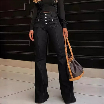 Women High Waist Single-breasted Splice Jeans Fashion High-Street Style Denim Pants Female Commuter Casual Micro Flared Trousers