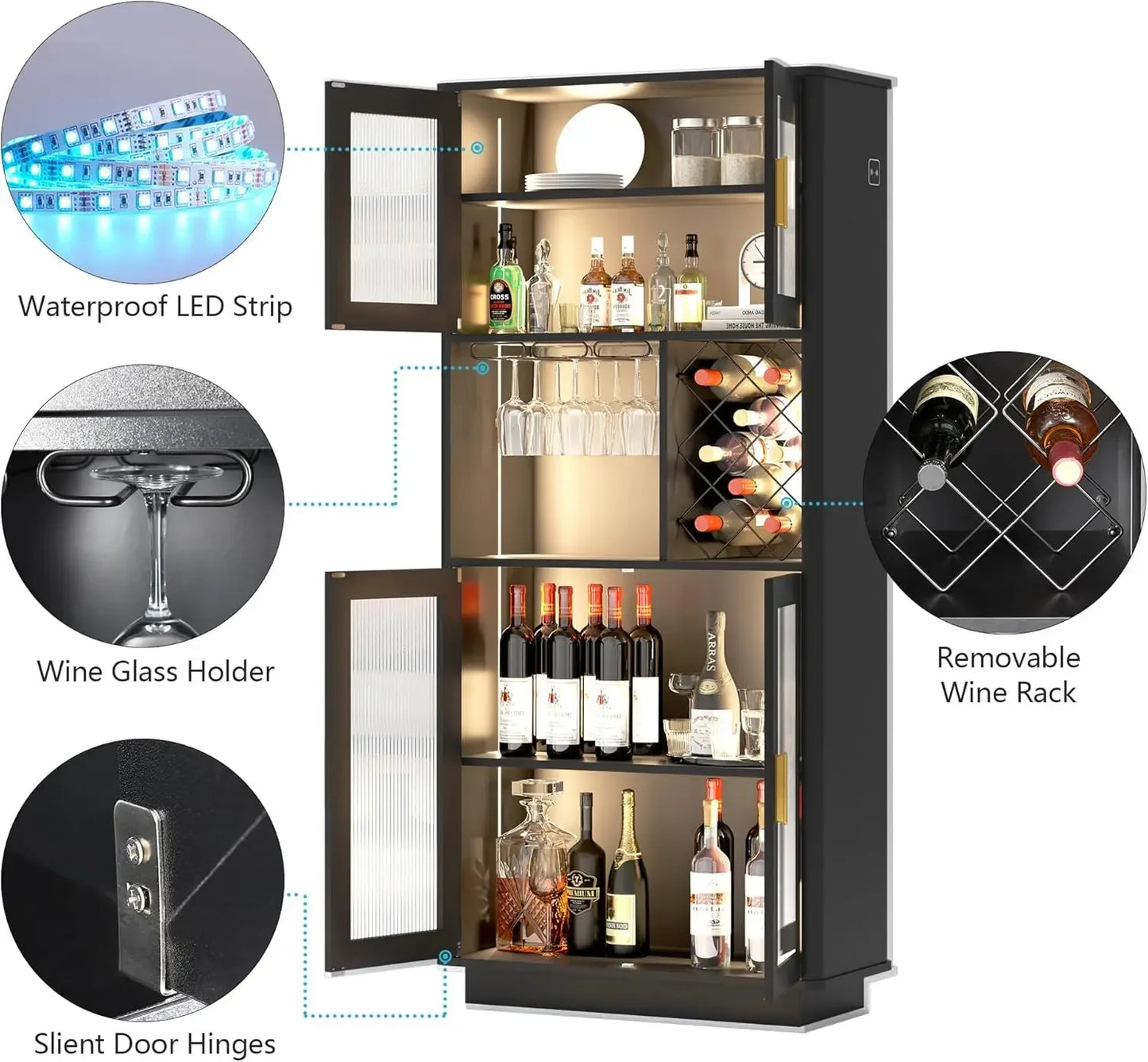 LED Wine Bar Cabinets with Removable Wine Rack, Bar Cabinets for Liquor with Light Motion Sensor, Kitchen Cabinet Storage