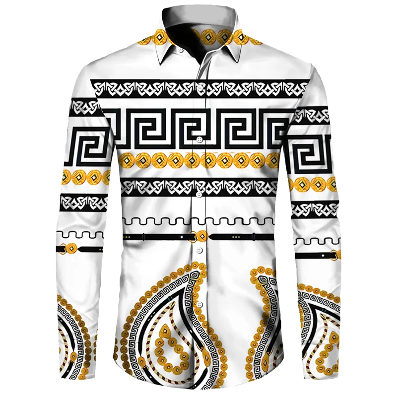 Golden Flower Pattern Print Men's Shirts Casual Single-Breasted Cardigan Long Sleeve Shirt Fashion Trend Tops Men Clothing