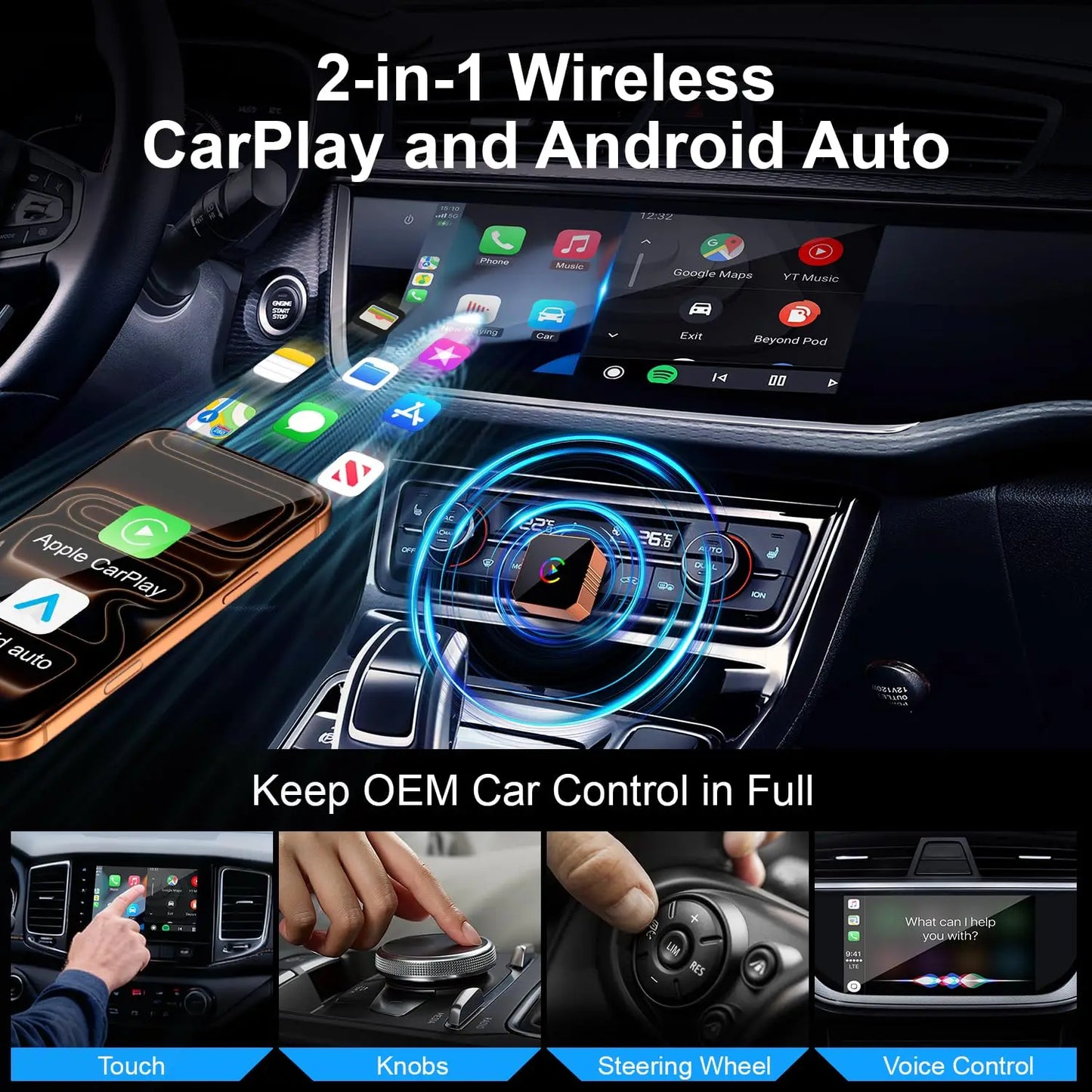 Adaptateur sans fil Carplay pour iPhone, CarPlay avec câble vers sans fil, Android Auto 2 en 1 Mini USB design