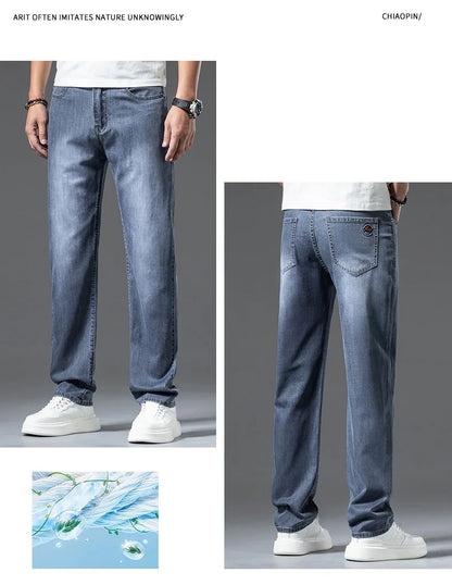 2024 spring and summer new styles Men's baggy jeans light blue Stylish thin lyocell stretch jeans