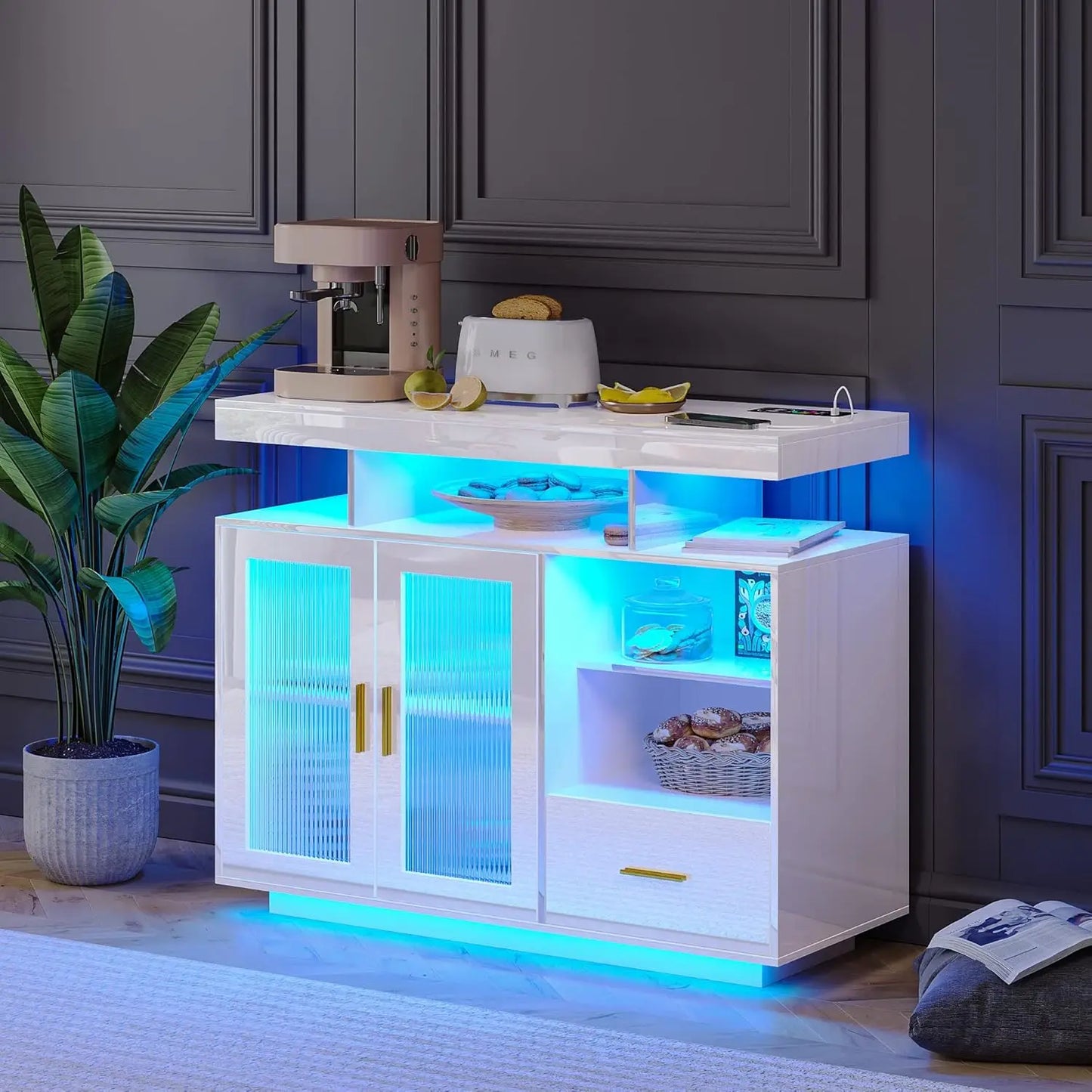 39.4" Modern LED Sideboard Buffet Cabinet with Charging Station, High Glossy Cupboard with Motion Sensor Light, Sideboards