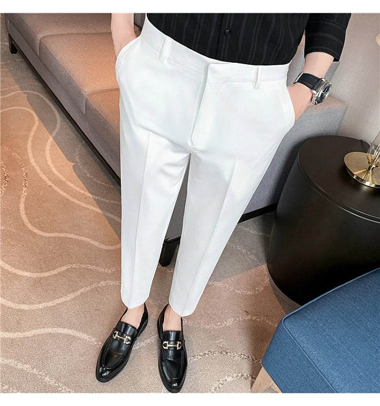 9 Color Summer Fashion Mens Suit Pants Pure Color Business Formal Pants Slim Fit Office Mens Wedding Social Ankle Long Trousers