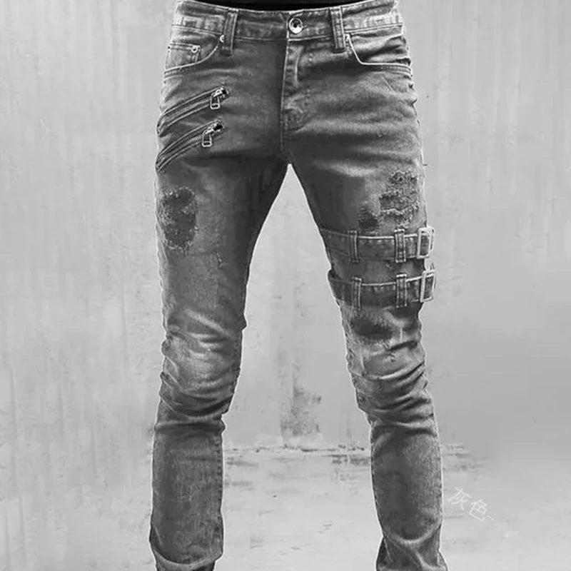 Men's Elastic Tight Jeans Fashionable And Casual Cool Pencil Pant Denim Slim Fit Pants Wear Resistant Zipper Male Trousers