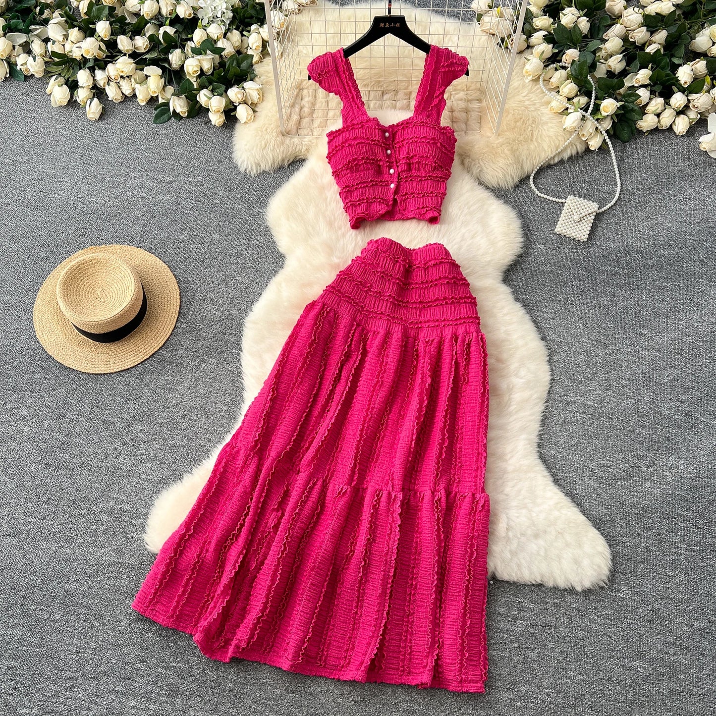 SINGREINY Casual Beach Style 2pcs Suits Single Breasted Mini Camisole+Elastic Waist A Line Fold Slim Skirt Gentle Women Sets