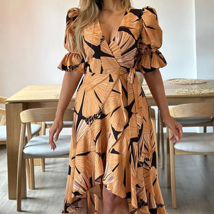 Women's Printed V-neck Short Puff Sleeve Dress 2024 Spring Summer New Dress Women's High Waist Slim Fit Ruffled Irregular Dress