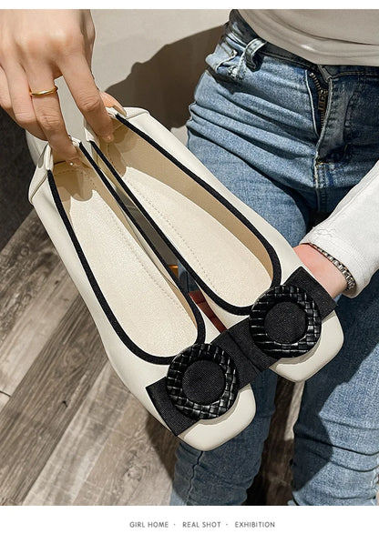 Plus size 43 44 Women Ballet Flats Leather Shoes Sweet bowknot Ladies softy sole round Toe Pumps Office Lady Big Size Loafers