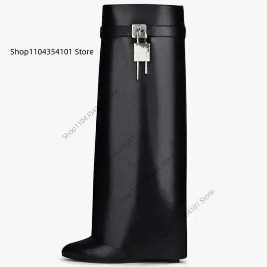 2025 Autumn Winter Lock Boots Women Designer Knee Boots Women Brand High Heel Knight Boots Fold Fashion Gothic Wedge Long Boot