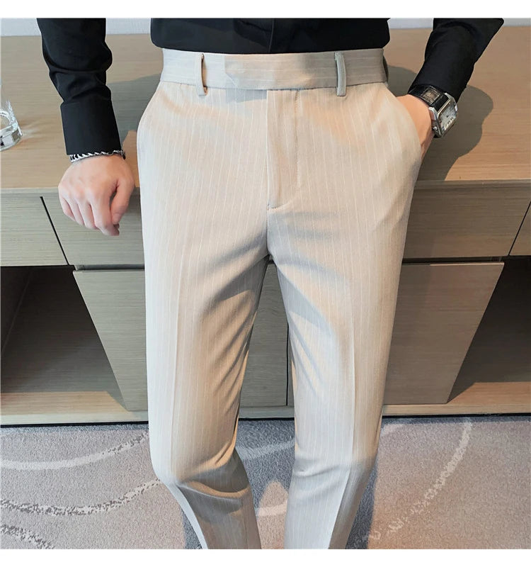 British Style Striped Slim Fit Suit Pant Men Business Casual Simple Dress Pants High Quality Social Wedding Party Trousers 38-28