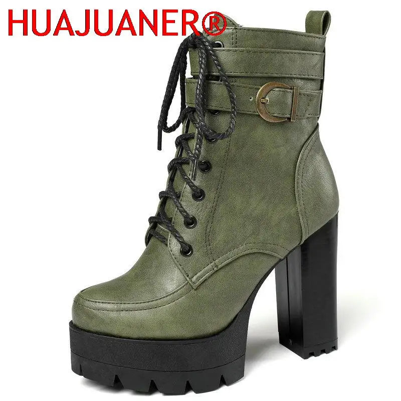 Fashion Platform Women Boots Square High Heel Ankle Boots Lace Up Zipper Motorcycle boots Autumn Winter Plush Ladies Shoes