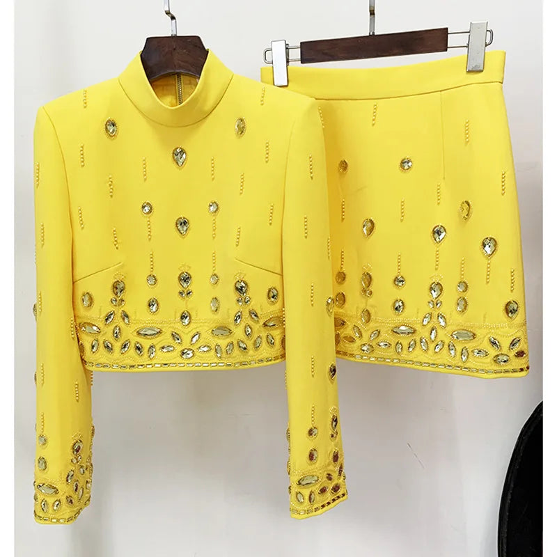 Handmade Beaded Short Jacket Skirt Sets Outfits New Designer Mini Dress White Black Yellow Blue Suits for Women Wedding Wear Set