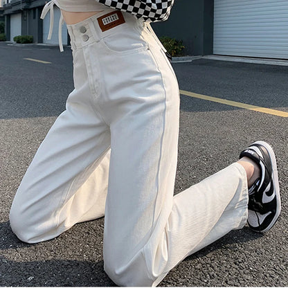 Spring 2024 Women High Waist Jeans Lady Double Breasted Straight Leg Pants Female White Black Light Blue Leather Label Trousers