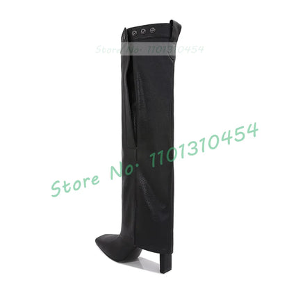 Black Square Toe Foldover Leather Boots Women Elegant Block High Heels Pink Winter Dress Shoes Female Casual Metal Buttons Boots