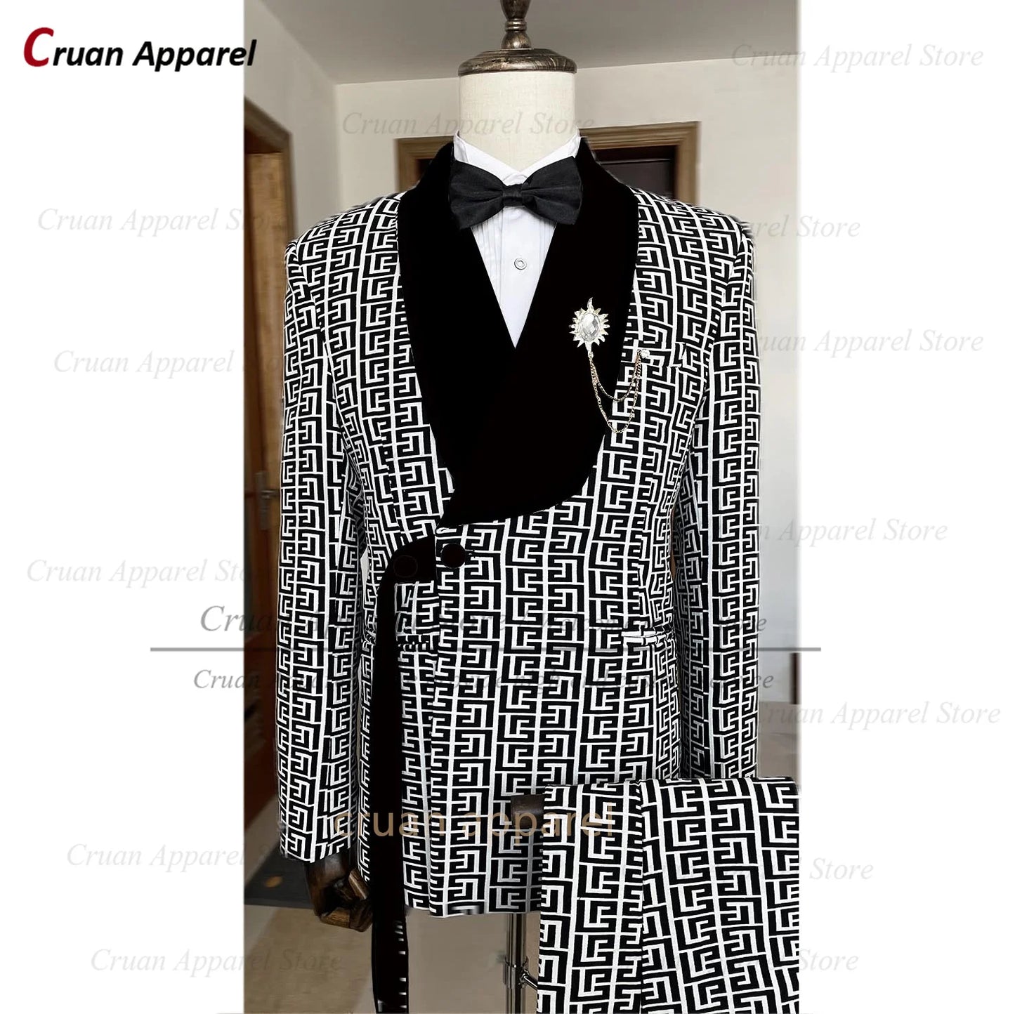 Luxury Men Suit Slim Fit Fashion Designs Plaid Pattern Printing Tuxedos for Men Custom Wedding Party Jacket Pants 2 Pieces Set