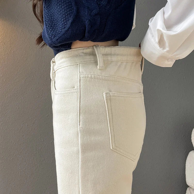 Women Straight Trousers Beige Keep Warm Fur Denim Jeans Thick Velvet Herm Pants Casual Vintage Female Winter Fleece Baggy Pants