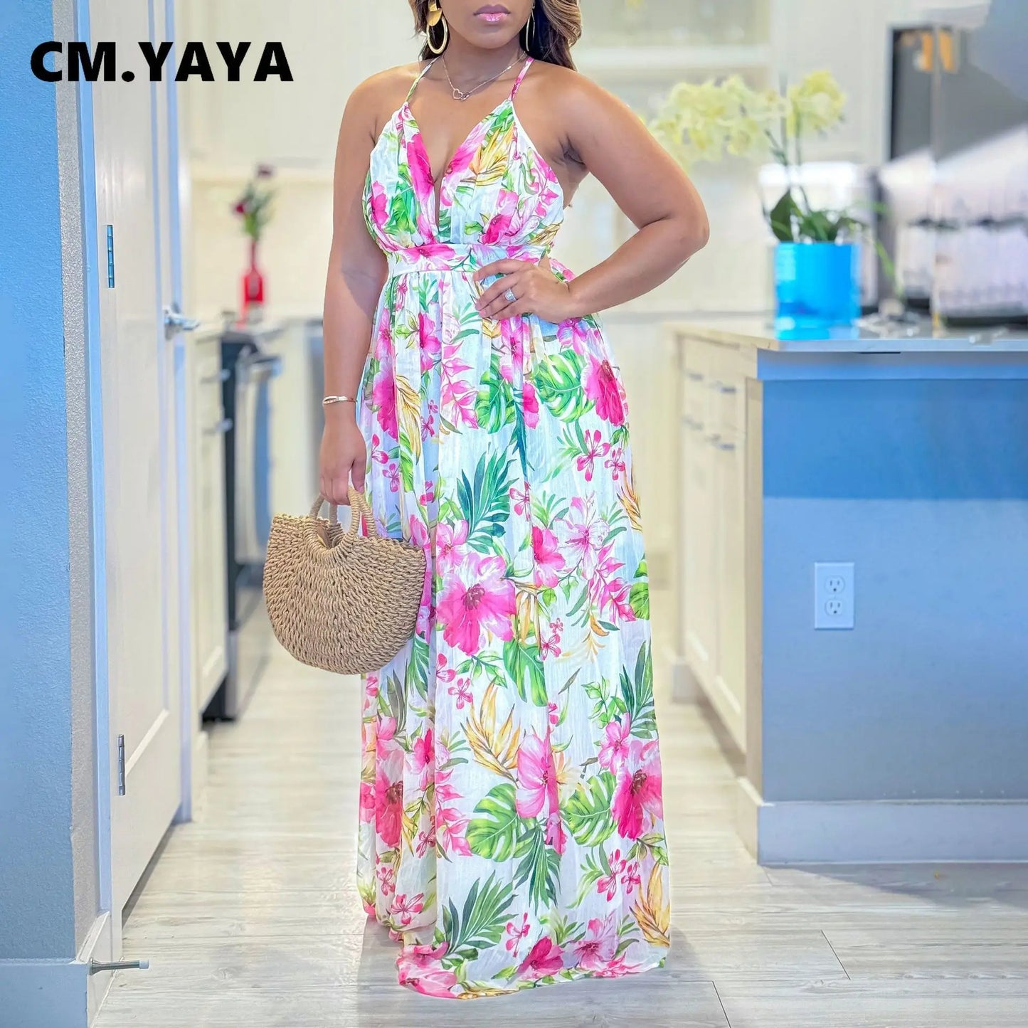 CM.YAYA Women Halter Sleeveless Pleated Backless V-neck Long Maxi Dress Floral Print 2024 bohemian beach Street Vestidos Dresses